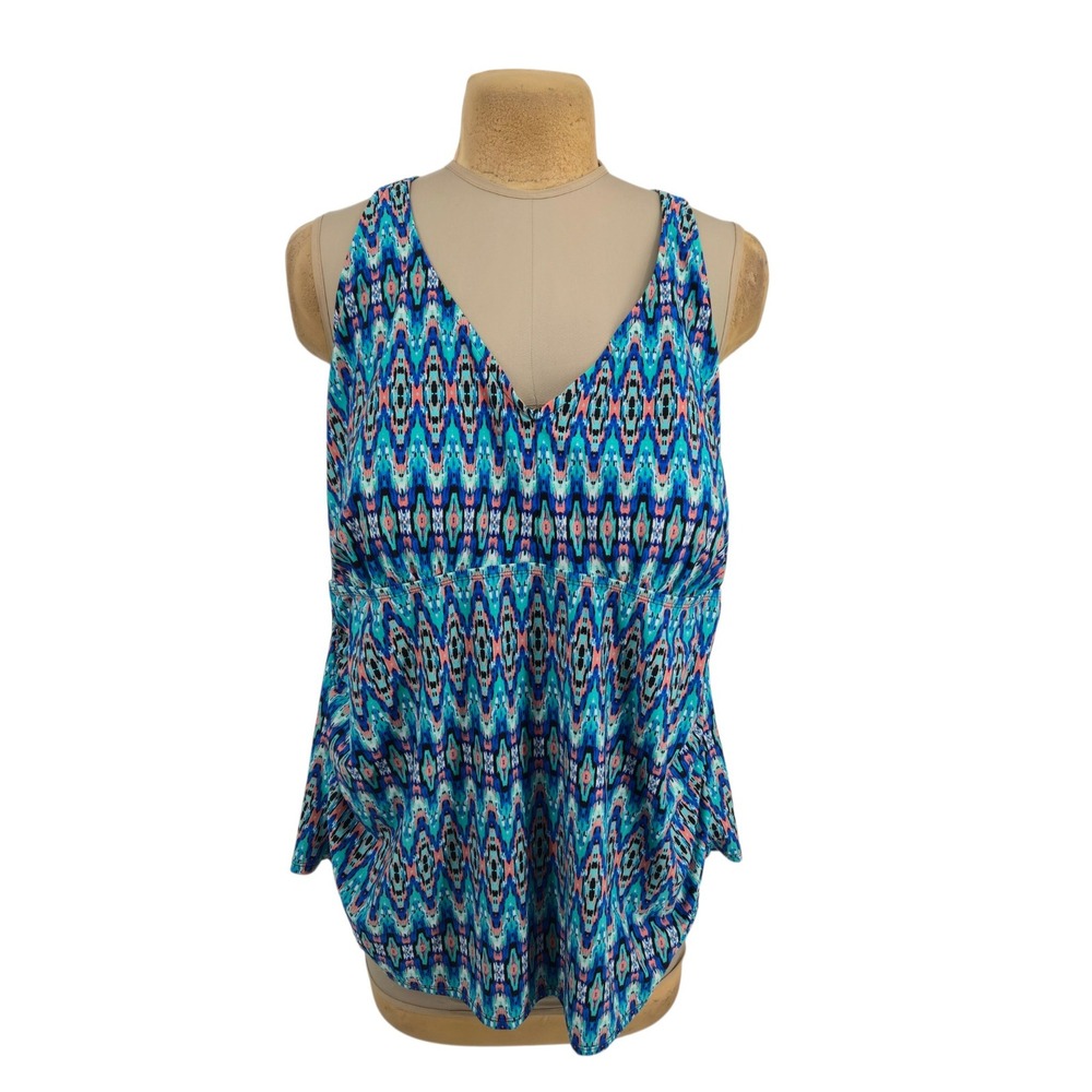 Ava & Viv Tankini Swim Top Women 26W Blue Ikat Geometric Plus Size Swimwear